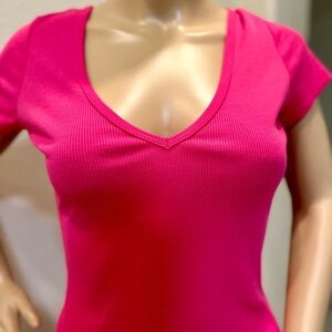 Hot Barbie pink T-shirt ribbed knit ruched bodycon midi dress medium